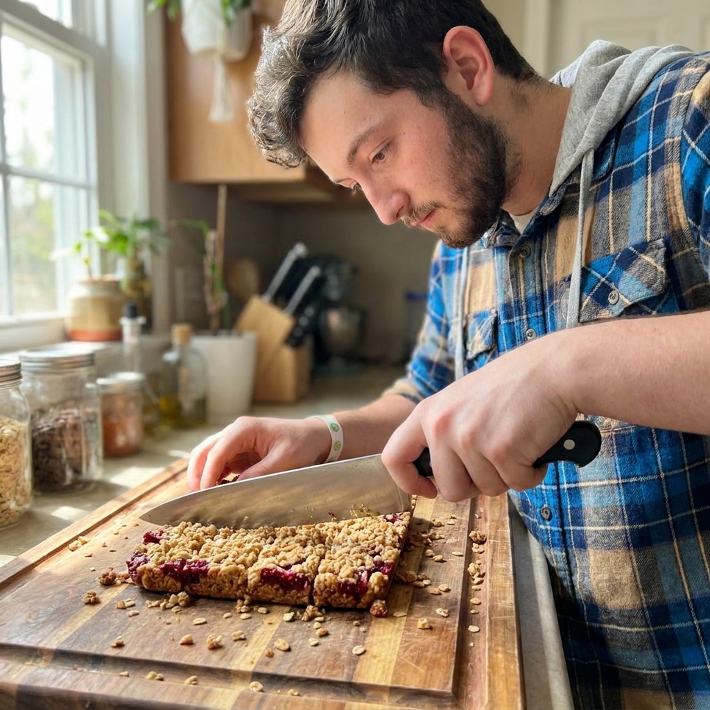 A real photograph of raspberry oat crumble bars being sliced on a wooden cutting board with a chef's knife, crumbs scattered, natural kitchen light