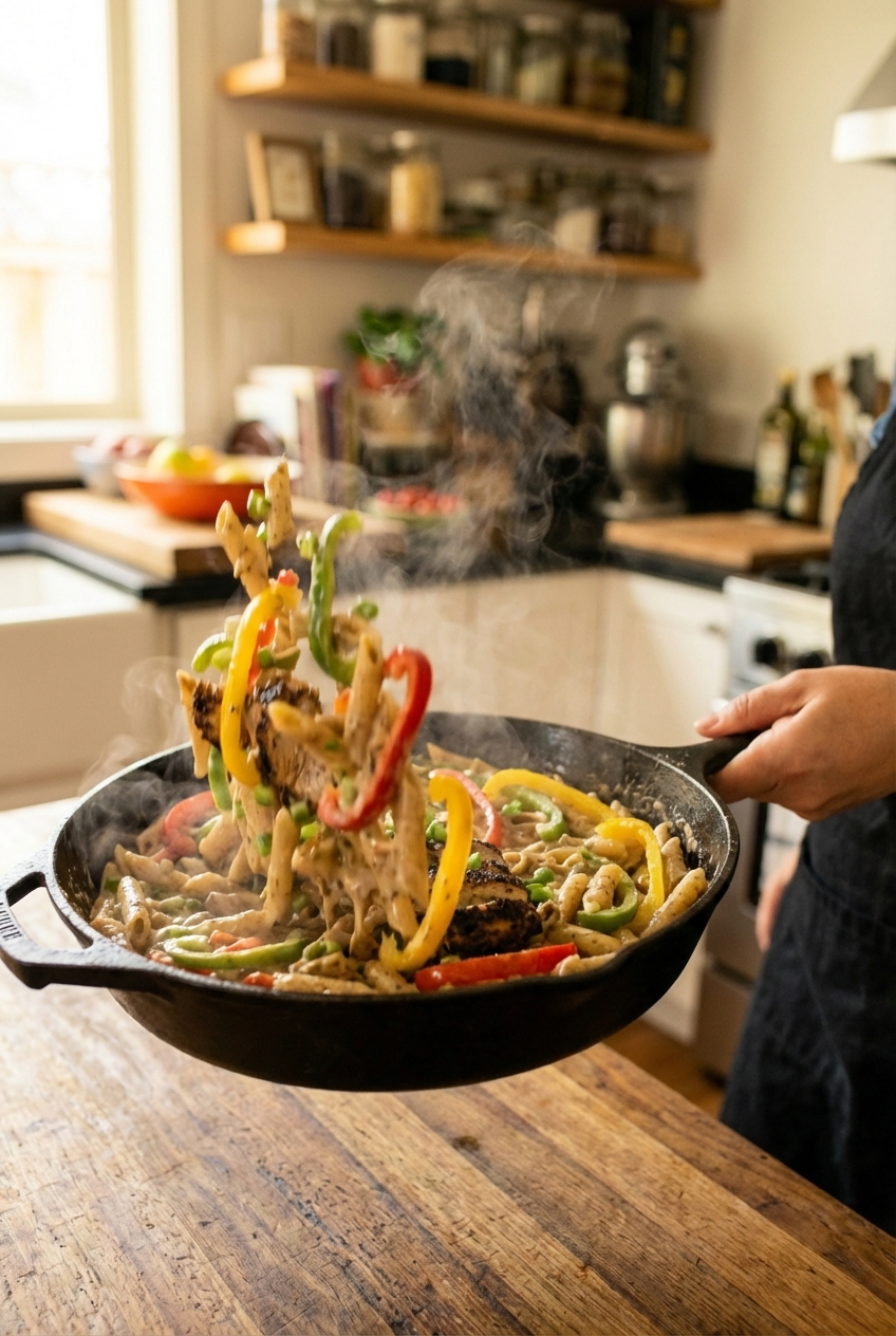 A real photograph of rasta pasta being tossed in a skillet with a creamy sauce and colorful bell peppers