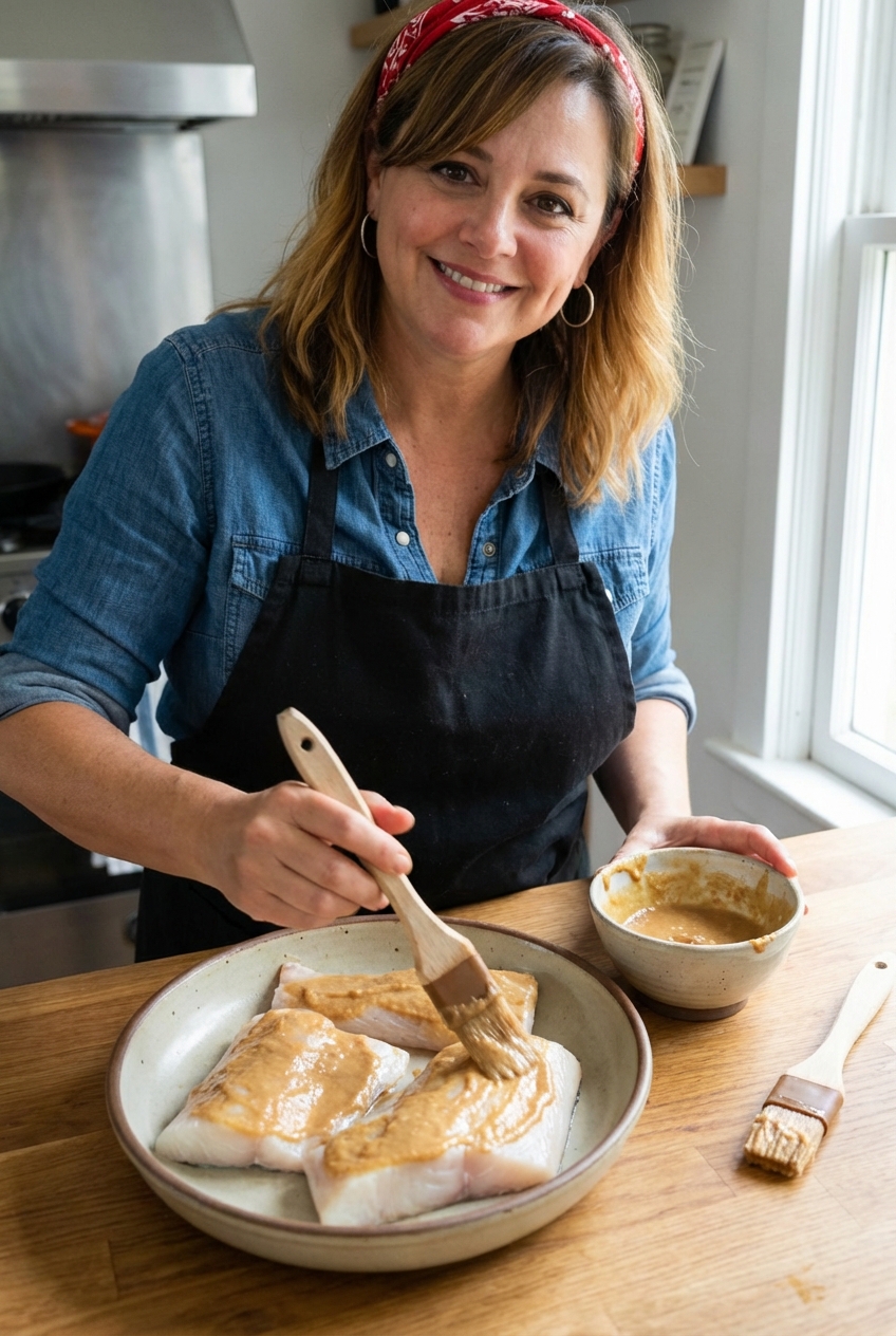 A real photograph of raw black cod fillets in a shallow dish being brushed with a tan miso marinade, with a small bowl of extra glaze and a basting brush on the counter