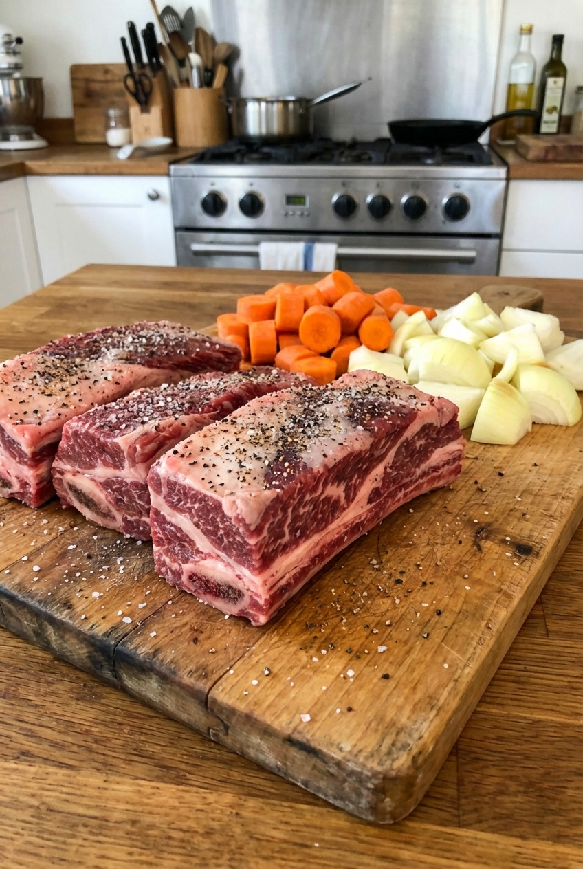 A real photograph of raw bone-in beef short ribs on a cutting board seasoned with salt and pepper next to chopped carrots and onions