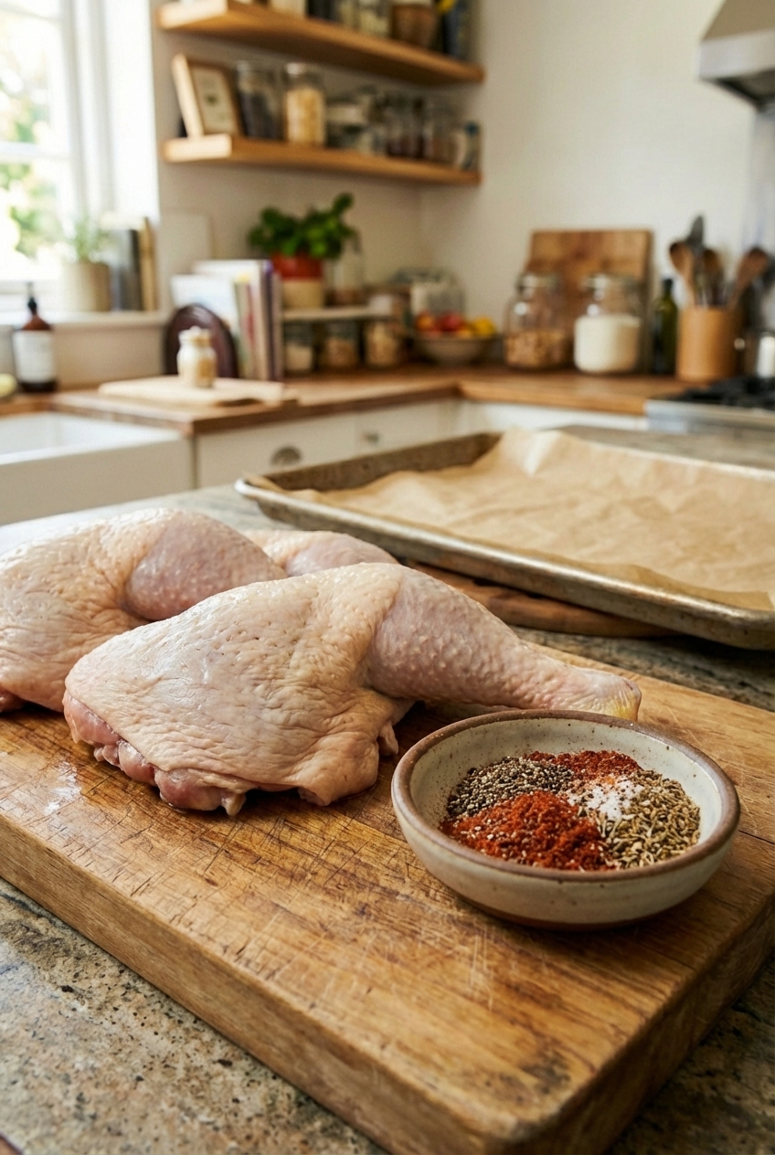 A real photograph of raw chicken leg quarters patted dry on a cutting board with a small bowl of spice rub and a sheet pan lined with parchment in the background