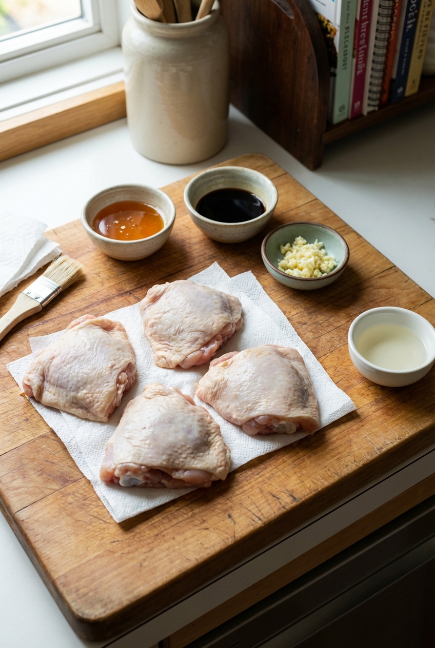 A real photograph of raw chicken thighs patted dry on a cutting board with small bowls of honey, soy sauce, minced garlic, and vinegar nearby