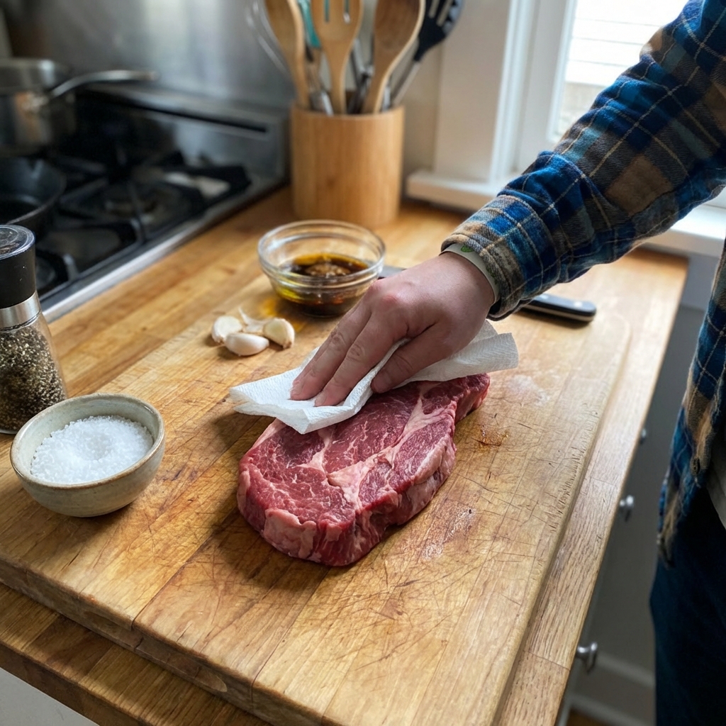 A real photograph of raw chuck steak on a cutting board being patted dry with paper towels next to salt, pepper, garlic, and a small bowl of sauce ingredients