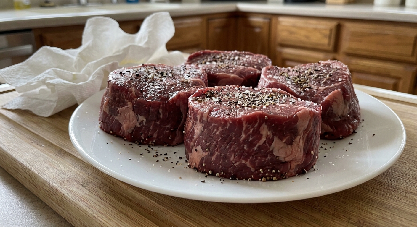 A real photograph of raw filet mignon steaks on a plate, patted dry with paper towels, seasoned with salt and pepper