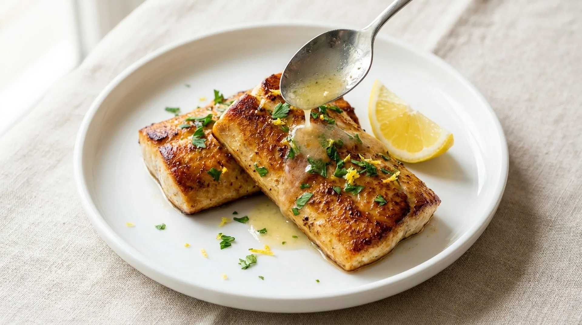 A real photograph of raw mahi mahi fillets, lemons, garlic, butter, parsley, paprika, and olive oil arranged on a light stone kitchen counter with a cutting board and small bowls