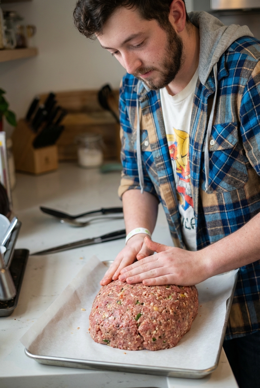 A real photograph of raw meatloaf mixture being gently shaped into a loaf on a parchment lined baking sheet