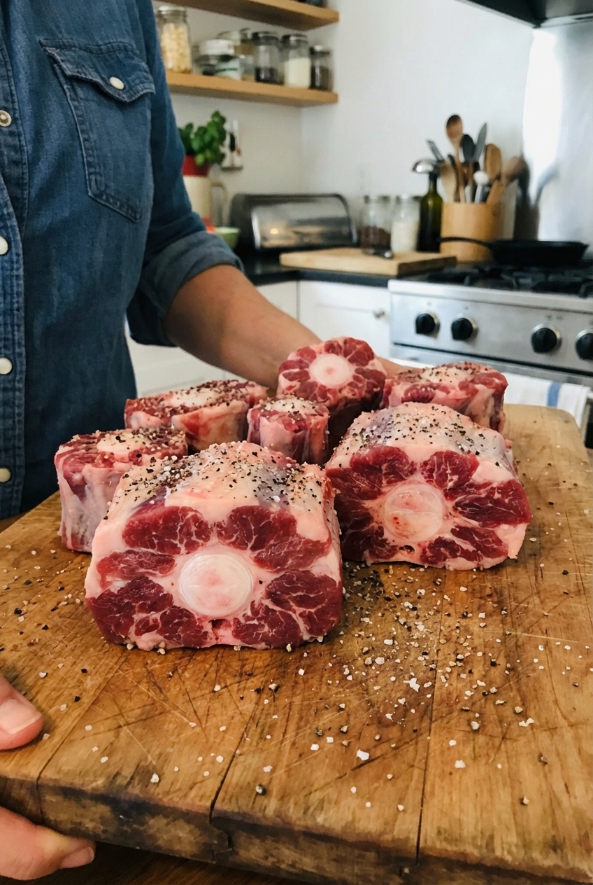 A real photograph of raw oxtail pieces on a cutting board seasoned with salt and pepper
