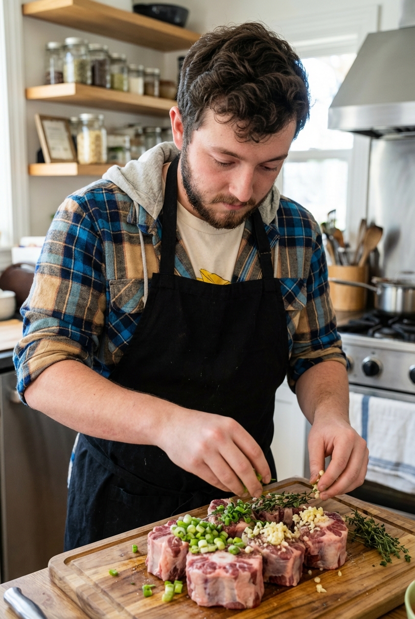 A real photograph of raw oxtail pieces on a cutting board being seasoned with chopped scallions, thyme, and minced garlic in a home kitchen
