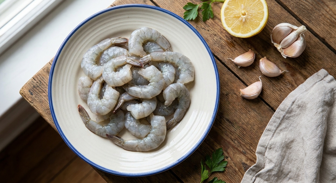 A real photograph of raw peeled and deveined shrimp arranged on a plate with a lemon and garlic cloves nearby