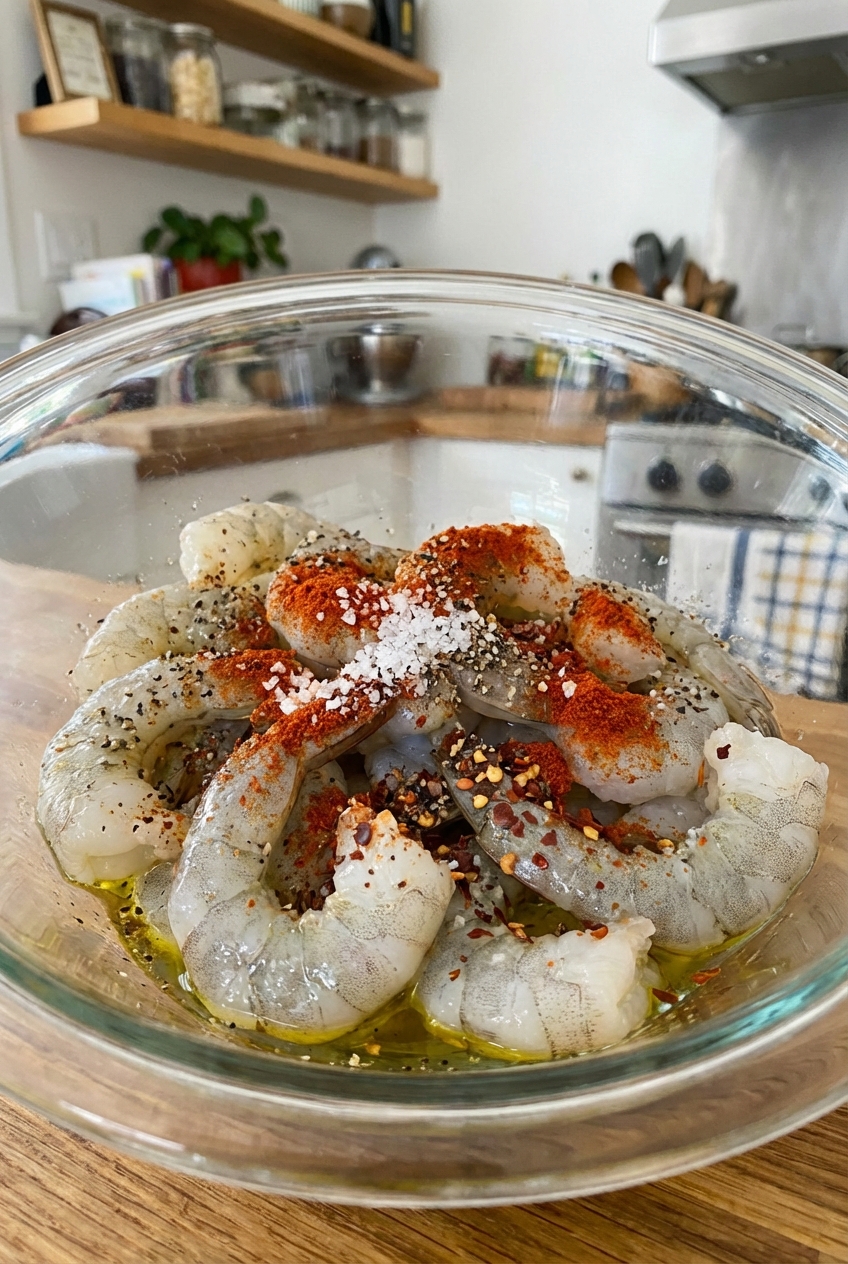 A real photograph of raw peeled shrimp in a bowl with olive oil, salt, paprika, black pepper, and red pepper flakes (no garlic or lemon yet)