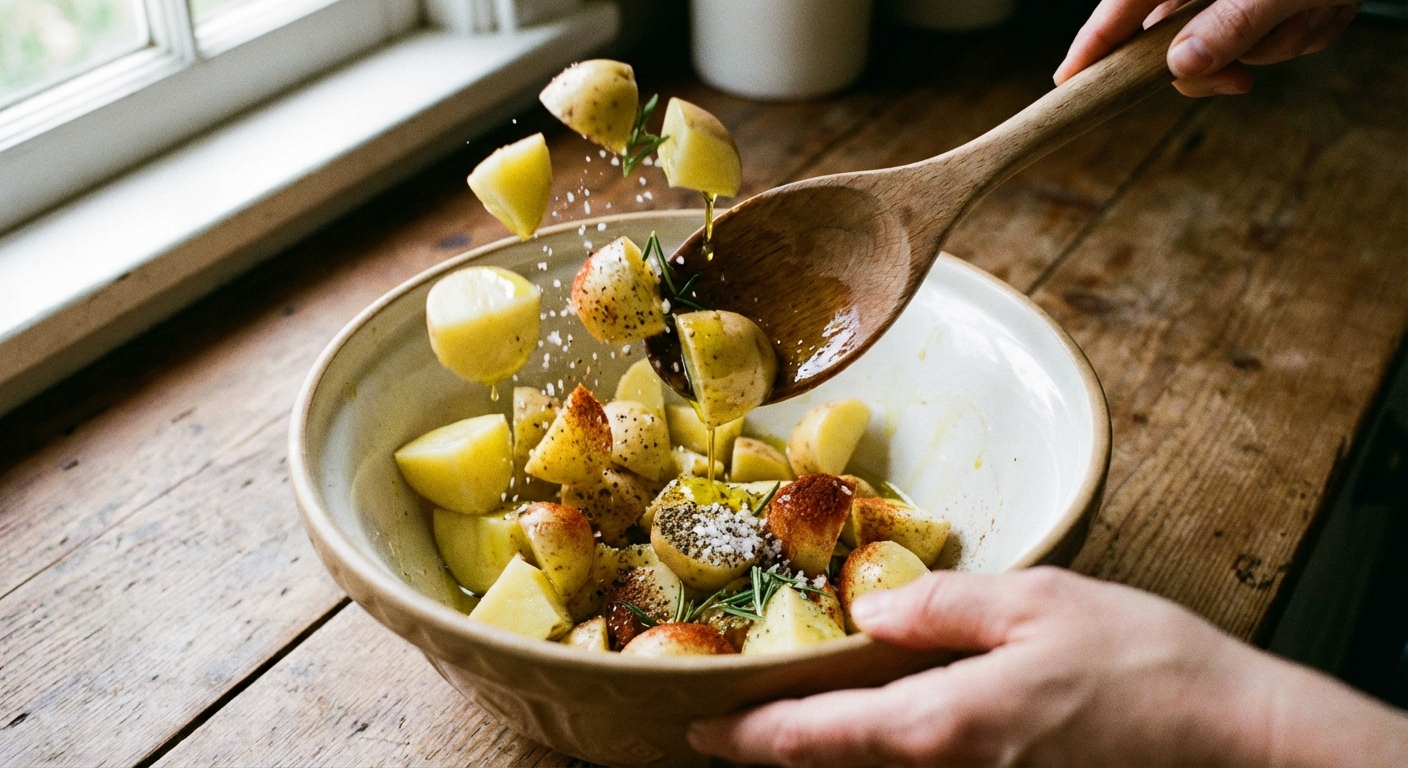 A real photograph of raw potato chunks in a mixing bowl being tossed with oil and seasonings using a spoon