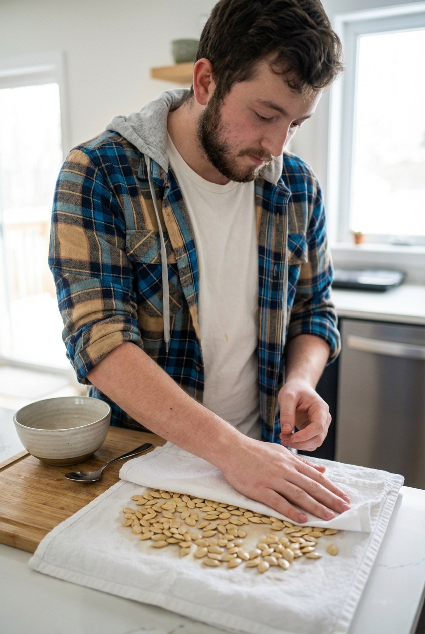 A real photograph of raw pumpkin seeds spread on a clean kitchen towel being patted dry