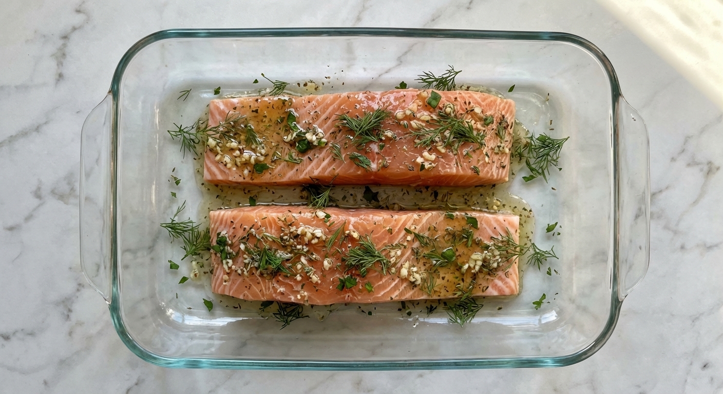 A real photograph of raw salmon fillets arranged in a glass baking dish with a glossy garlic herb marinade and scattered chopped dill, photographed from above on a light countertop
