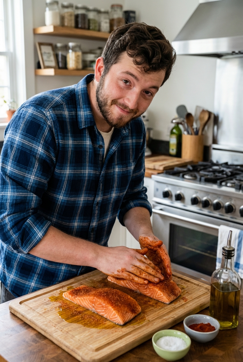 A real photograph of raw salmon fillets on a cutting board being rubbed with a smoky spice blend and olive oil