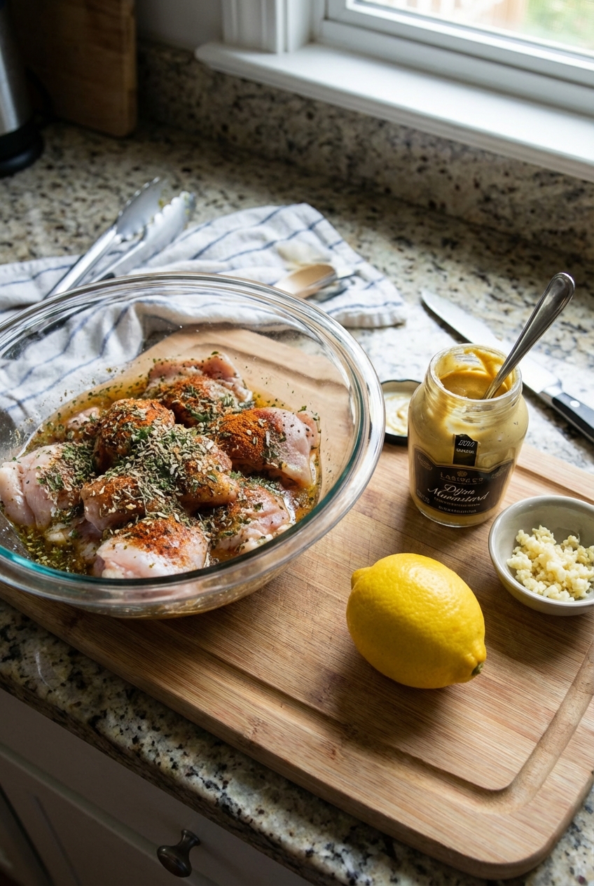 A real photograph of raw seasoned chicken pieces in a mixing bowl next to a lemon, Dijon mustard, and minced garlic on a kitchen counter