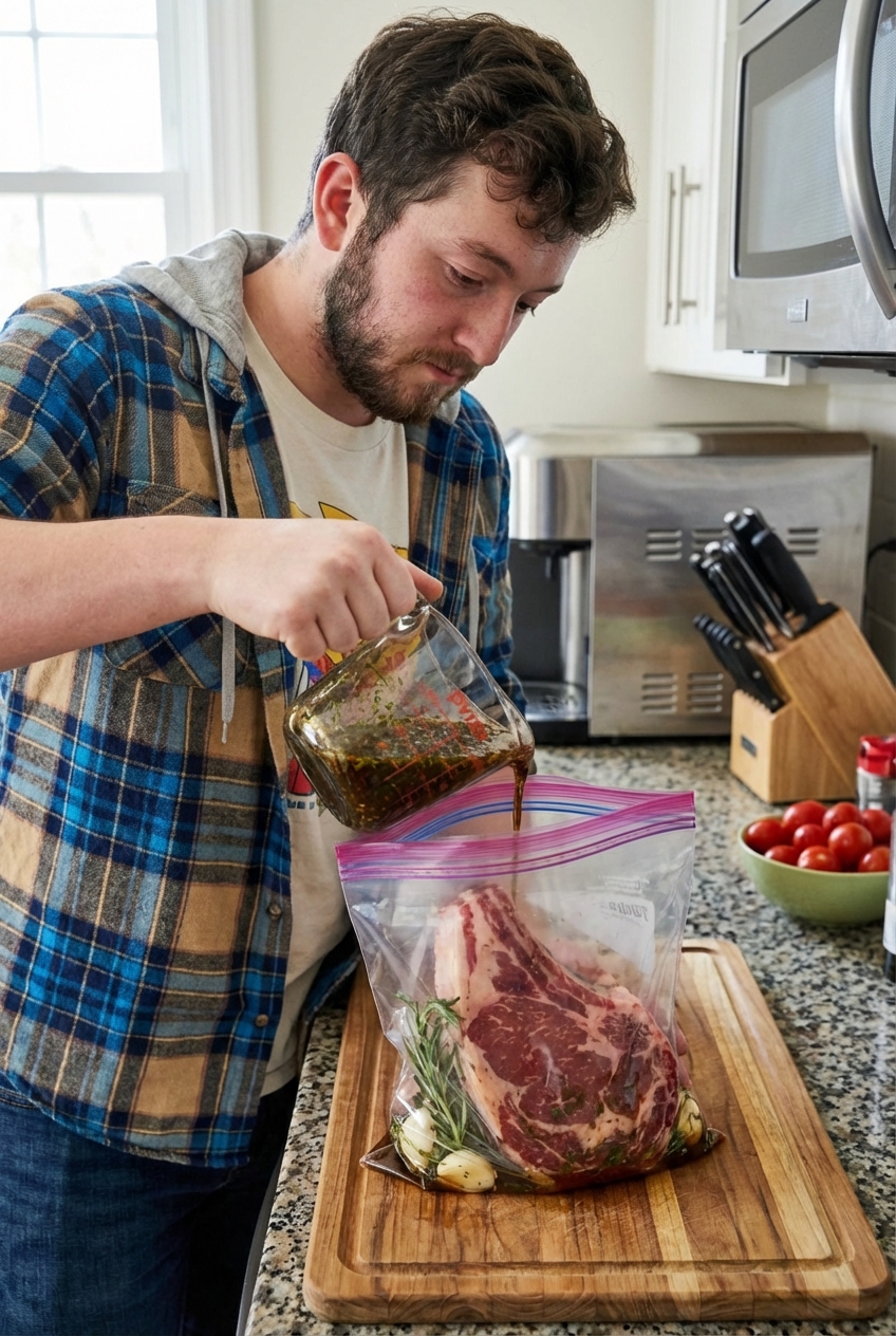 A real photograph of raw steak in a zip-top bag with marinade being poured in on a kitchen counter