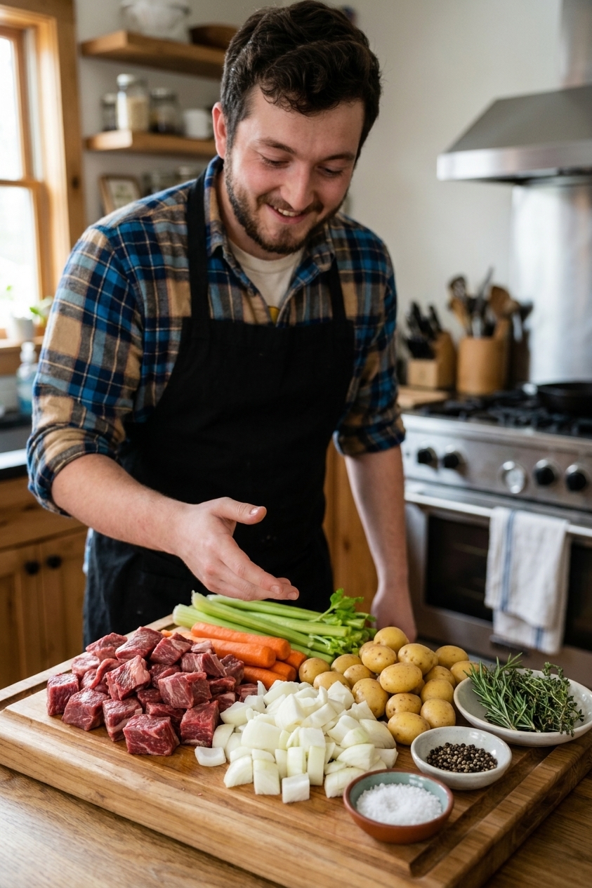 A real photograph of raw stew beef cubes, chopped onions, carrots, celery, and baby potatoes arranged on a wooden cutting board with small bowls of salt, pepper, and herbs in a home kitchen