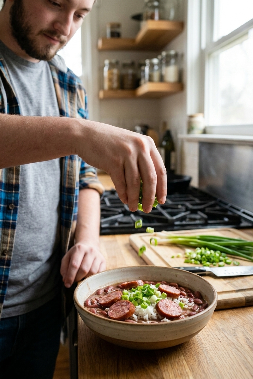 A real photograph of red beans and rice being garnished with chopped green onions from a hand over a bowl on a kitchen counter