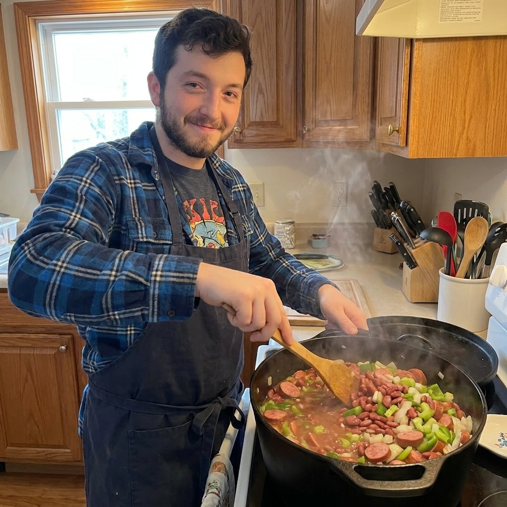 A real photograph of red beans simmering in a Dutch oven with visible pieces of sausage, onion, celery, and green bell pepper, steam rising in a home kitchen