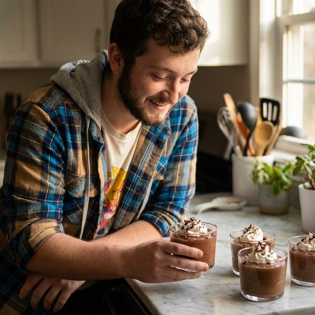 A real photograph of rich chocolate mousse piped into small clear glass cups on a marble counter, topped with soft whipped cream and chocolate shavings, warm natural window light, shallow depth of field