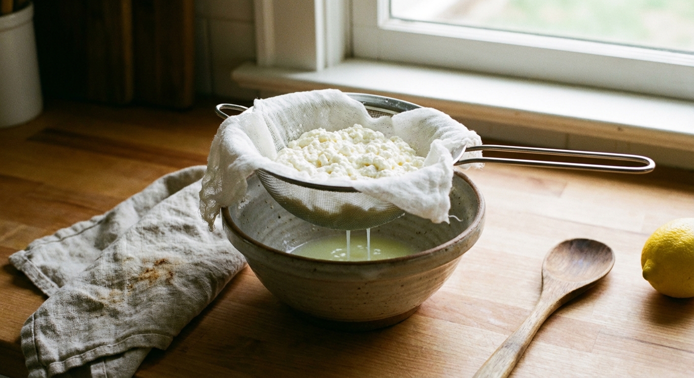 A real photograph of ricotta curds draining in a cheesecloth-lined strainer set over a bowl on a kitchen counter