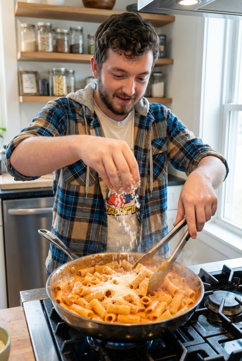 A real photograph of rigatoni being tossed in a skillet with creamy vodka sauce using tongs, with grated Parmesan falling into the pan