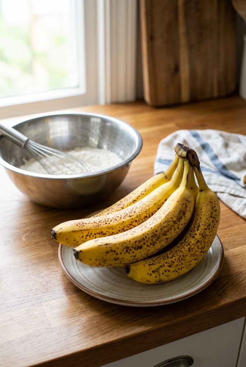 A real photograph of ripe bananas with brown speckles resting on a kitchen counter next to a mixing bowl