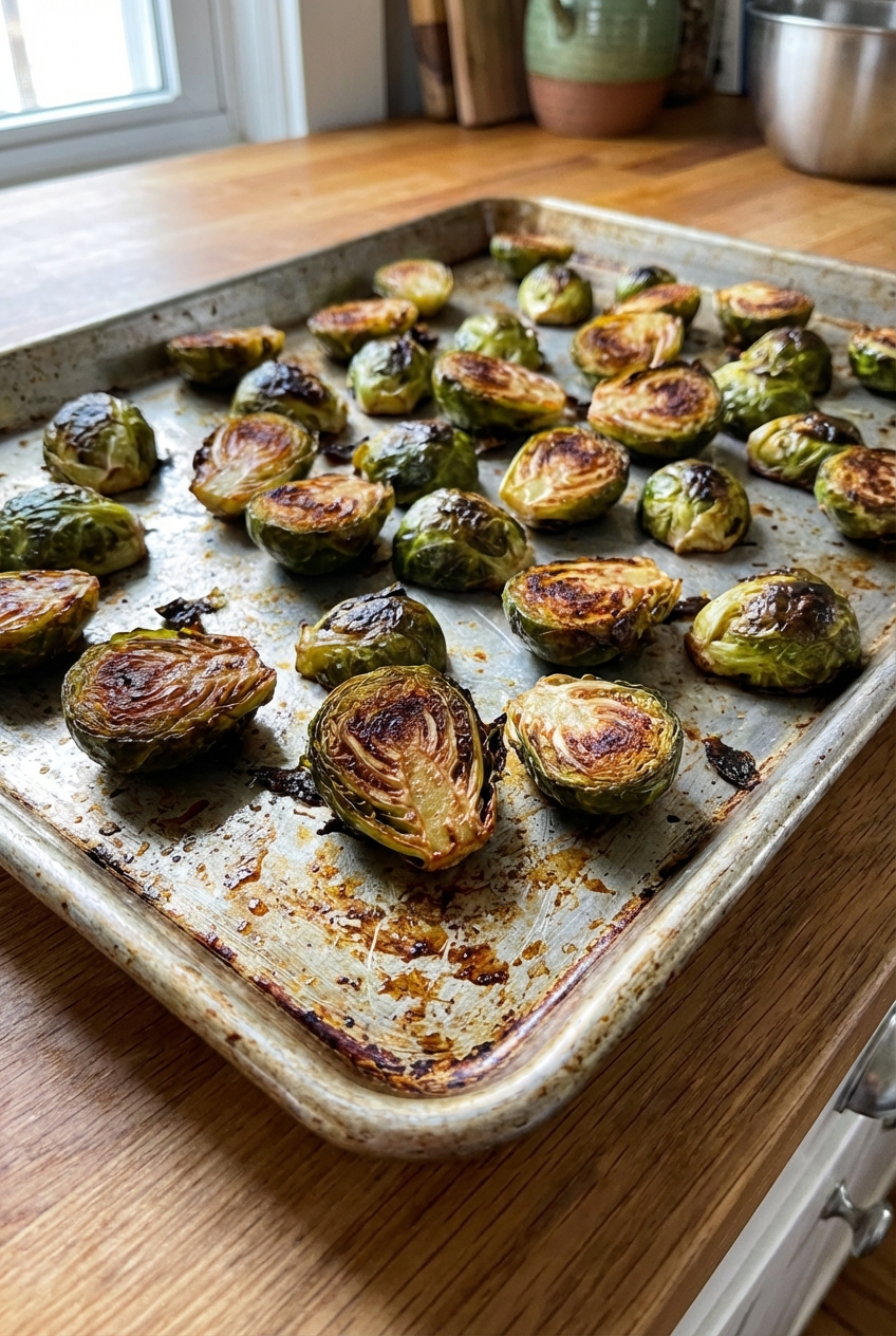 A real photograph of roasted Brussels sprouts cut-side down on a metal sheet pan with browned edges