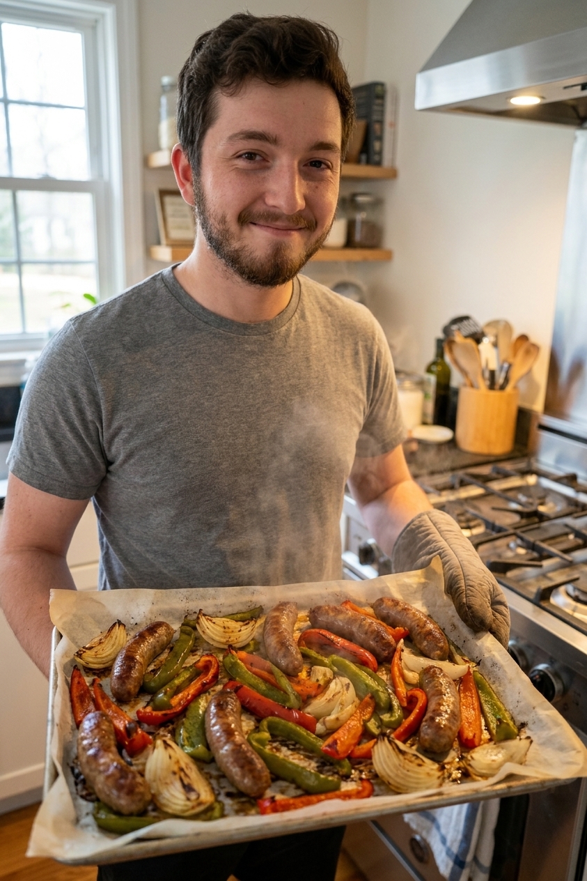 A real photograph of roasted Italian sausage links with blistered bell pepper strips and browned onion wedges on a parchment-lined sheet pan just out of the oven