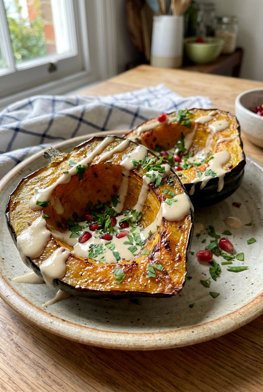 A real photograph of roasted acorn squash halves on a plate with a drizzle of creamy tahini sauce and chopped parsley