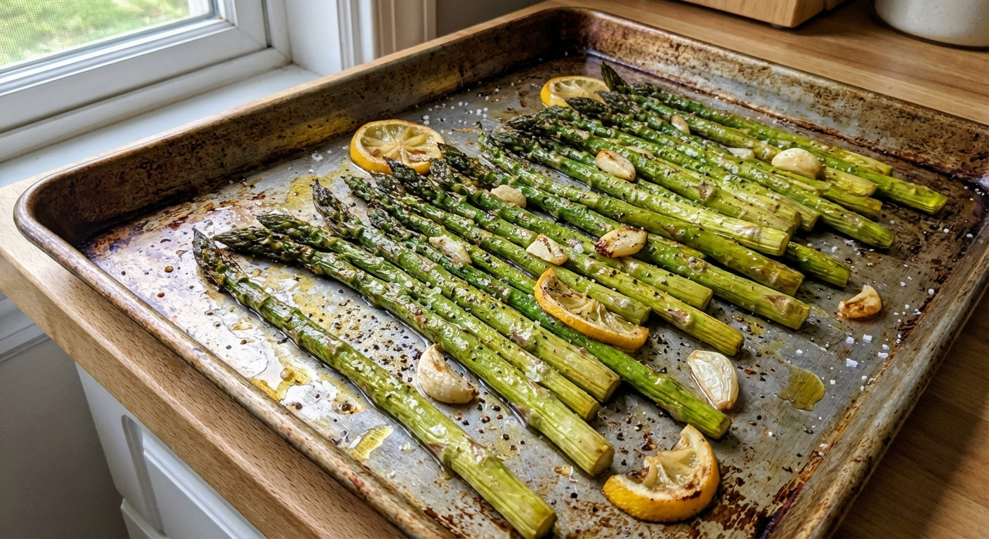 A real photograph of roasted asparagus on a sheet pan with browned tips