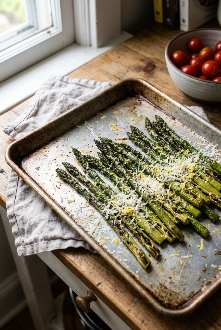 A real photograph of roasted asparagus on a sheet pan with parmesan