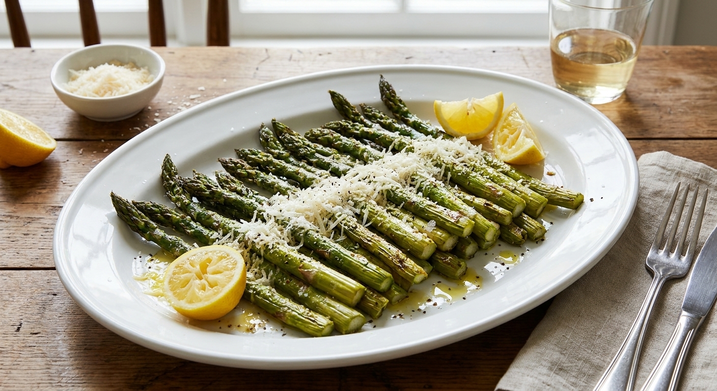 A real photograph of roasted asparagus on a white platter topped with grated parmesan and lemon wedges on a dinner table
