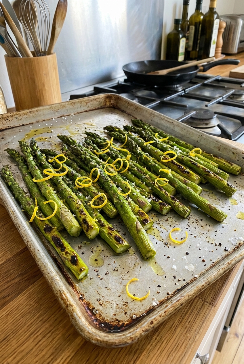 A real photograph of roasted asparagus spears on a sheet pan with lemon zest