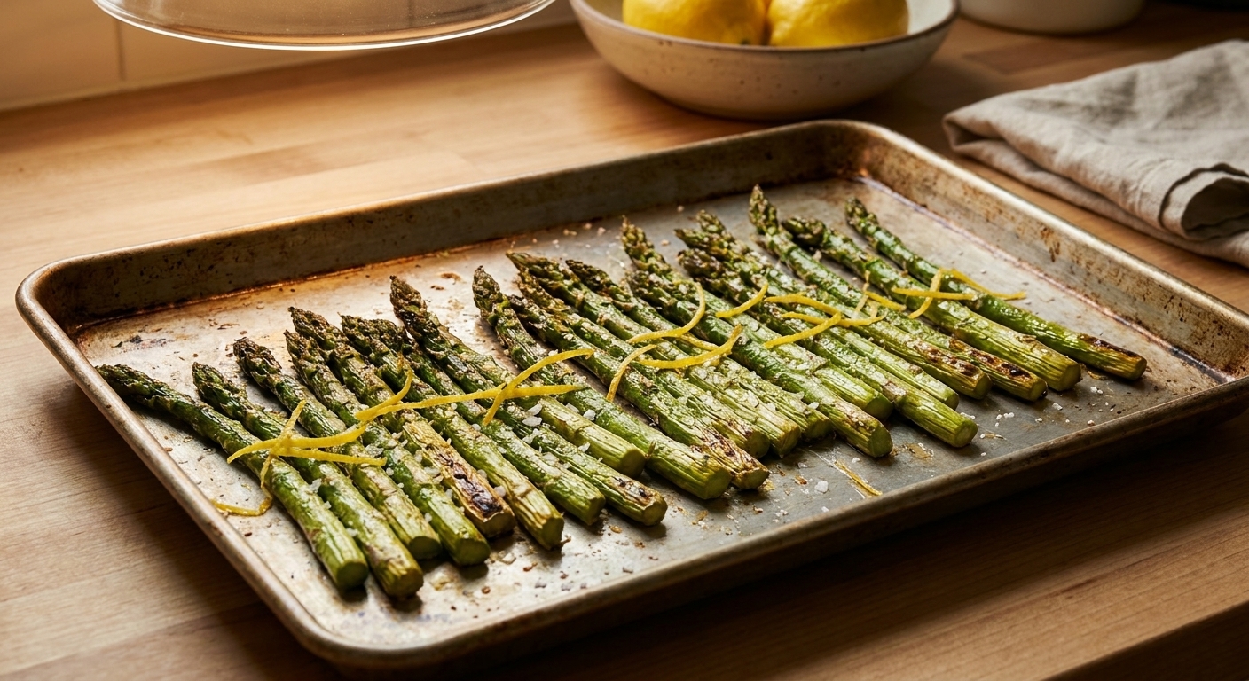 A real photograph of roasted asparagus spears on a sheet pan with browned tips, lemon zest, and flaky salt, warm kitchen lighting