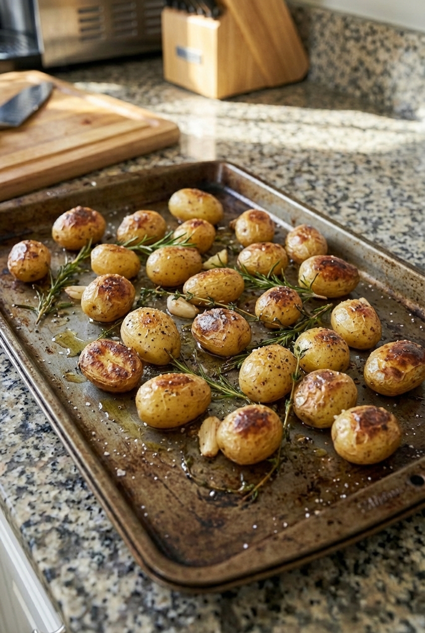 A real photograph of roasted baby potatoes on a sheet pan with browned edges and herbs