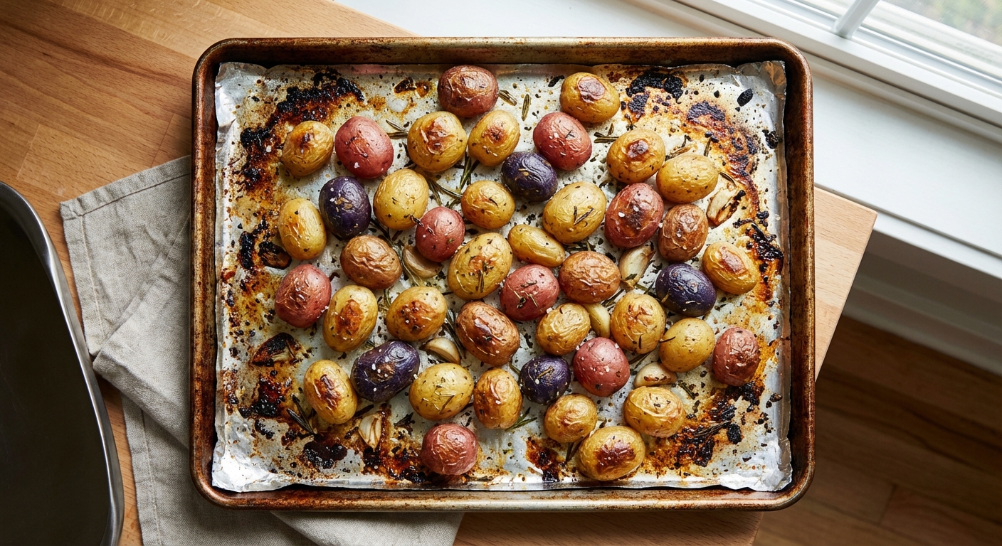 A real photograph of roasted baby potatoes on a sheet pan with browned edges