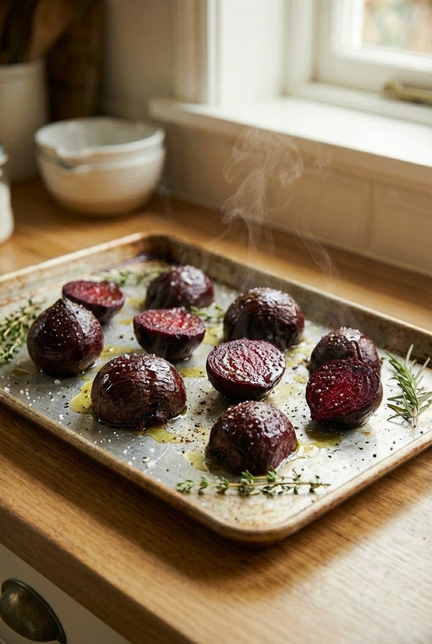 A real photograph of roasted beets cooling on a sheet pan with wrinkled skins and a bit of olive oil sheen