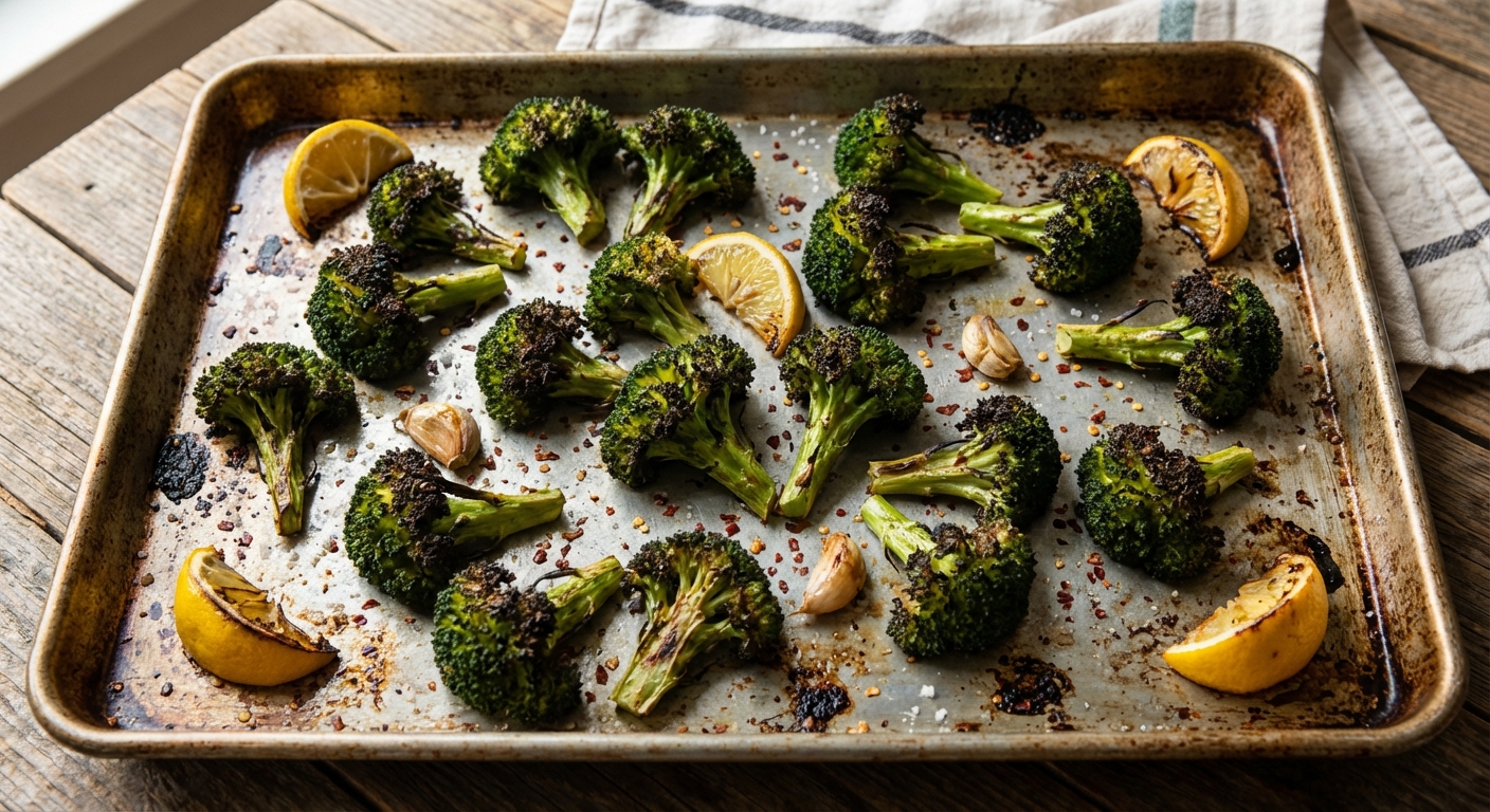 A real photograph of roasted broccoli florets on a sheet pan with charred edges and lemon wedges