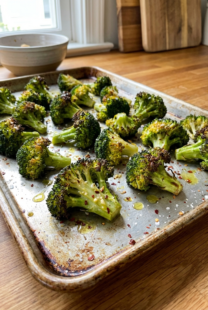A real photograph of roasted broccoli florets on a baking sheet with crispy browned edges
