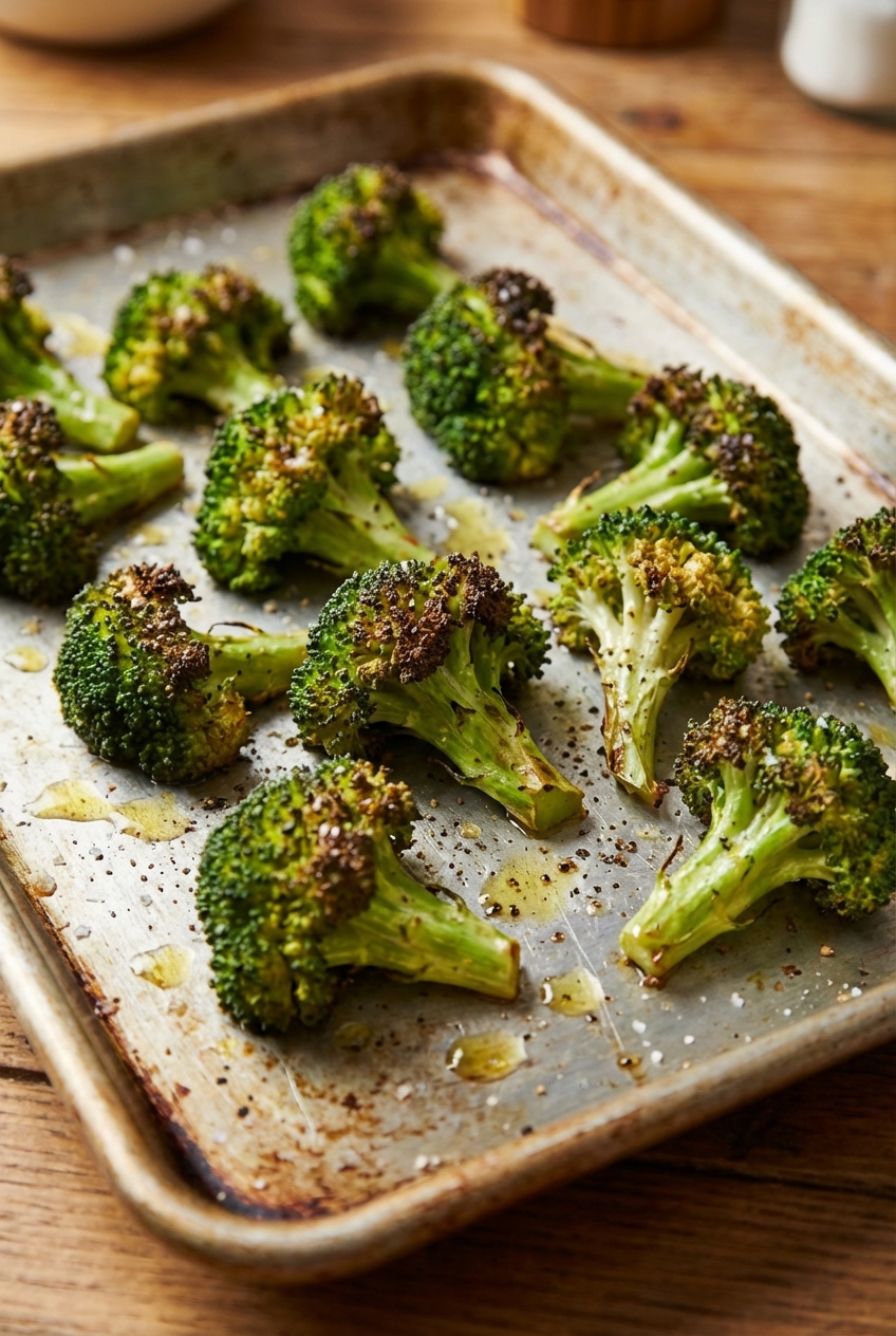 A real photograph of roasted broccoli florets with browned tips on a baking sheet