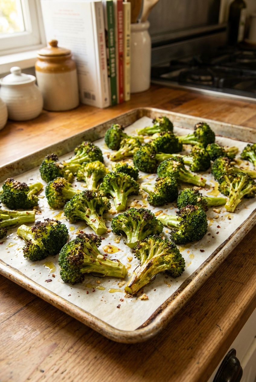 A real photograph of roasted broccoli on a sheet pan with charred tips