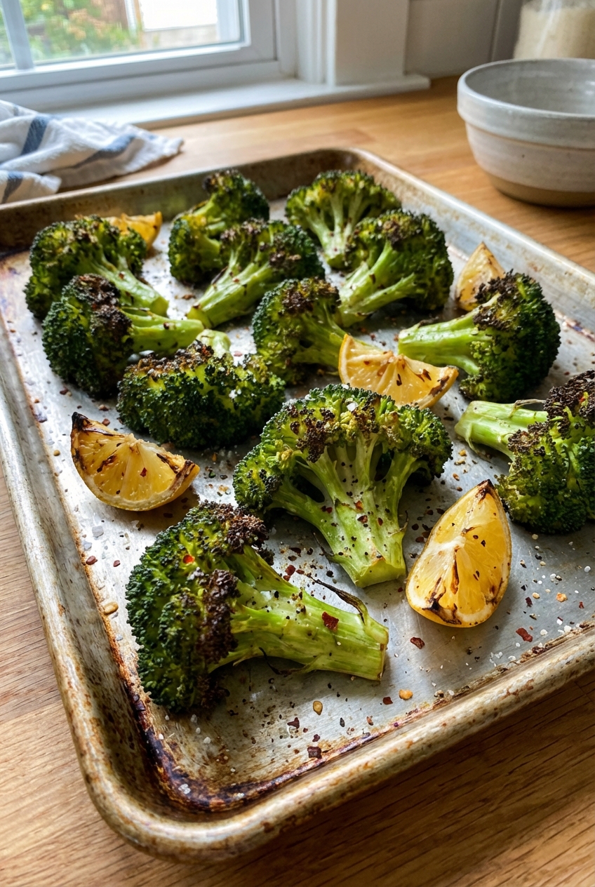 A real photograph of roasted broccoli on a sheet pan with browned edges and lemon wedges