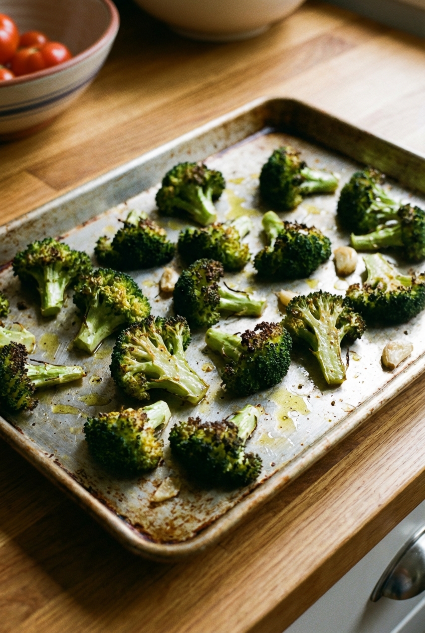 A real photograph of roasted broccoli on a sheet pan with browned edges