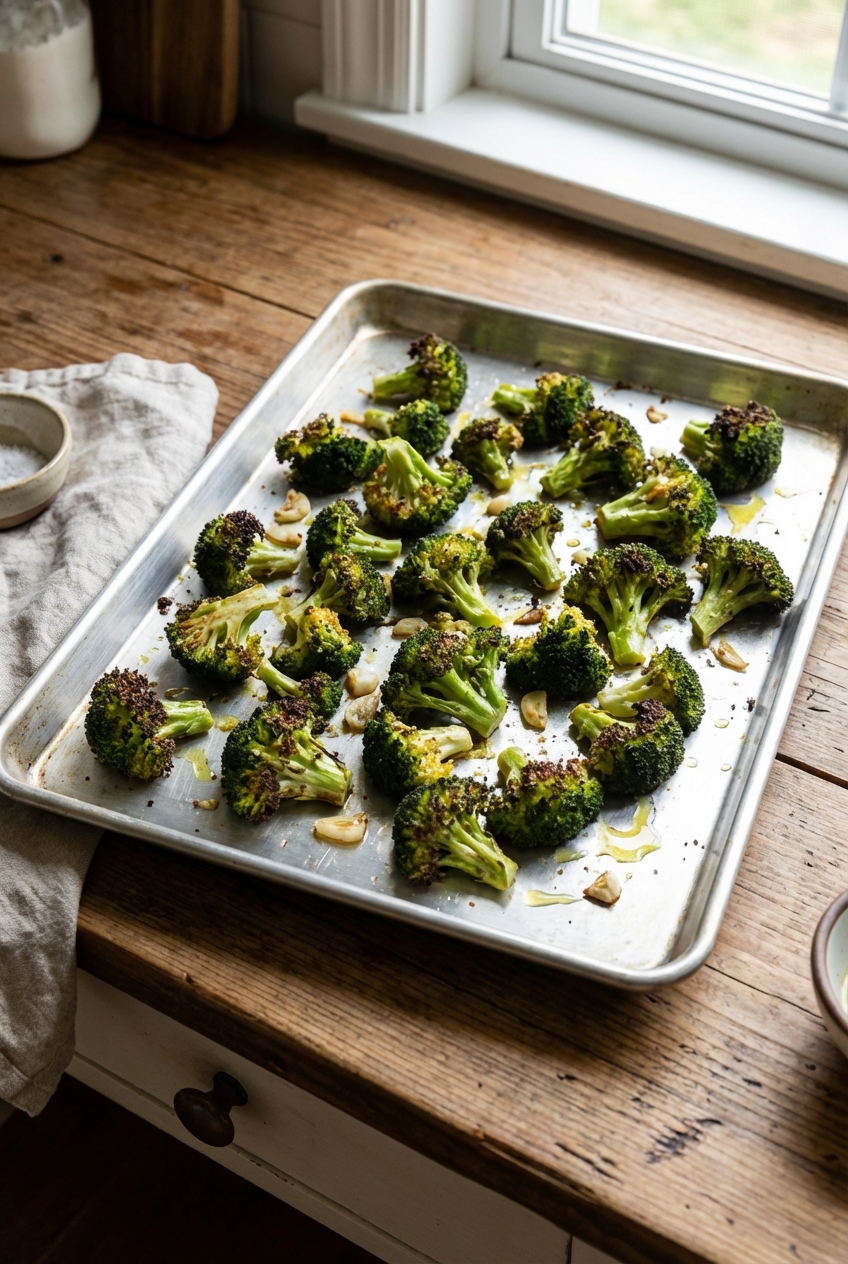 A real photograph of roasted broccoli on a sheet pan with browned crispy edges
