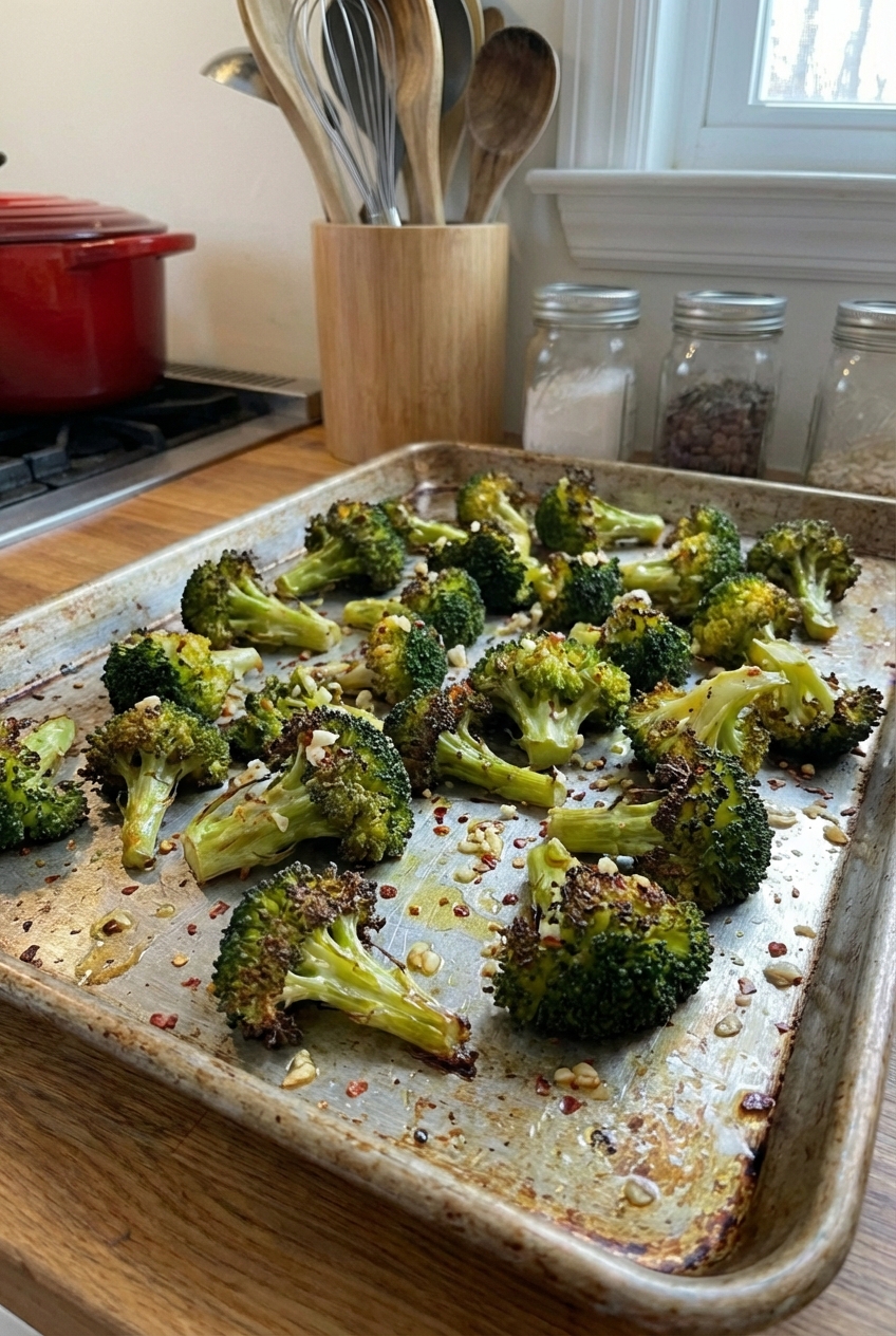 A real photograph of roasted broccoli on a sheet pan with browned edges