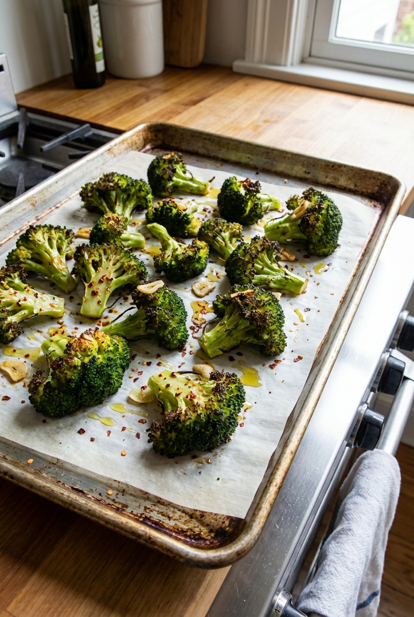 A real photograph of roasted broccoli on a sheet pan with browned edges