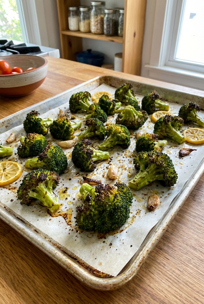 A real photograph of roasted broccoli on a sheet pan with browned edges