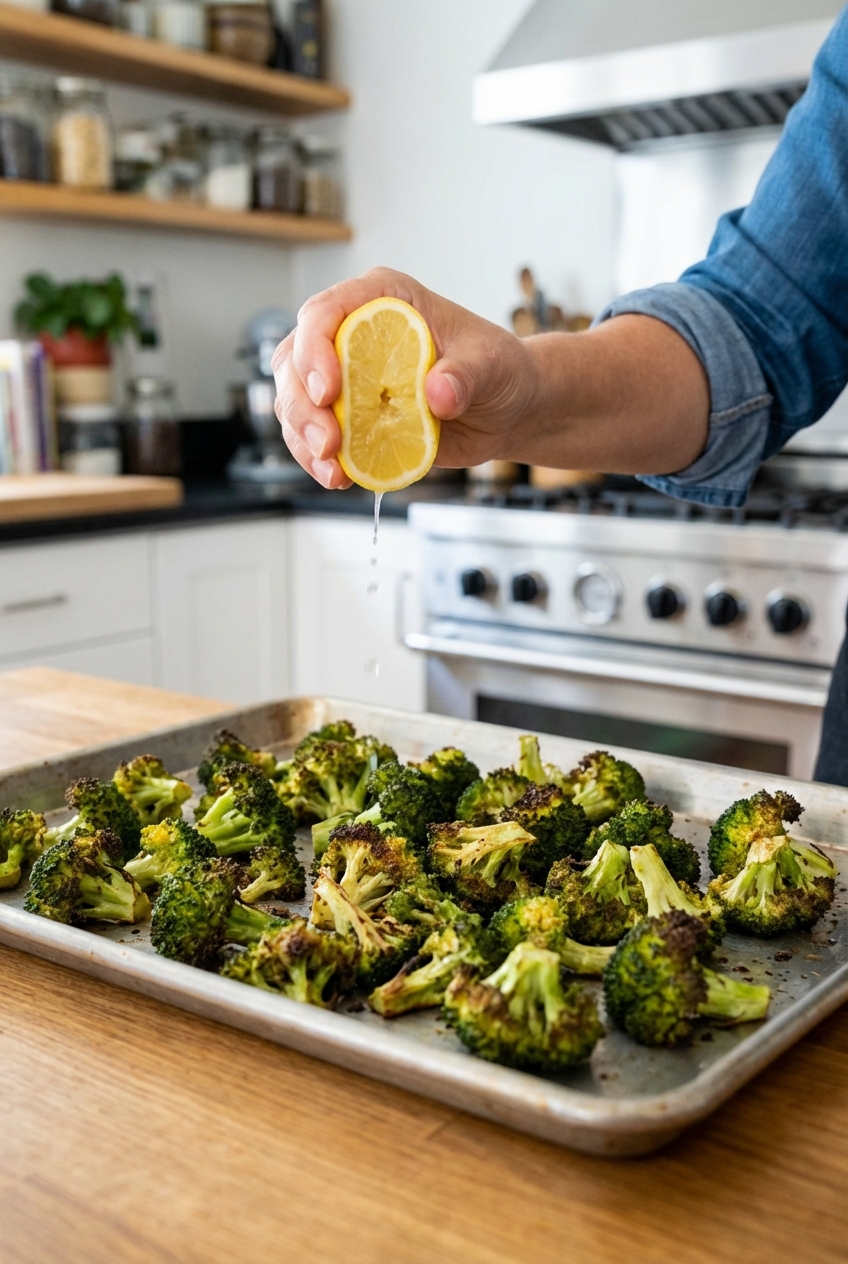 A real photograph of roasted broccoli on a sheet pan with browned edges and a squeeze of lemon