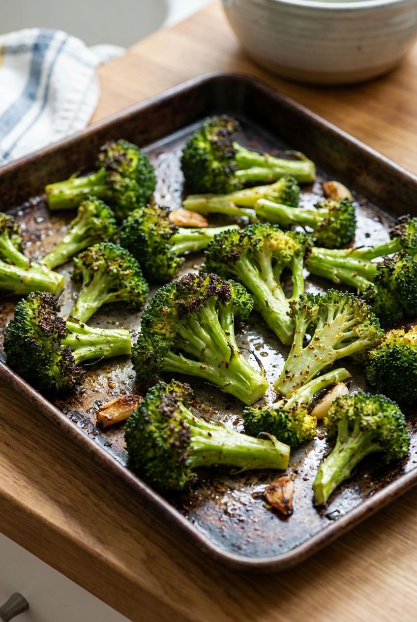 A real photograph of roasted broccoli on a sheet pan with charred tips